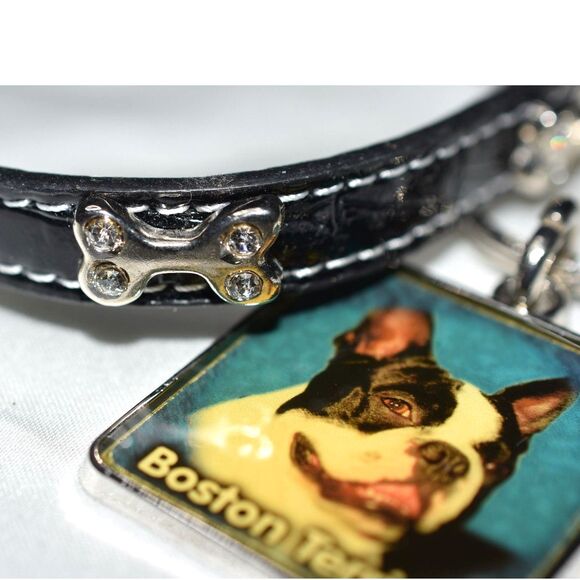 Black Leather Silver Tone Rhinestone Accent Bones Dog 9"-11"  Collar/ Key Chain - Picture 2 of 4